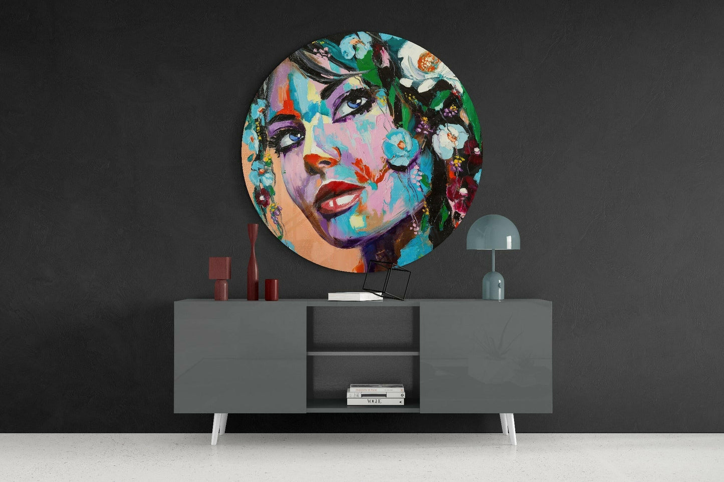Blue Eyed Round Floral Crown Woman Glass Wall Art