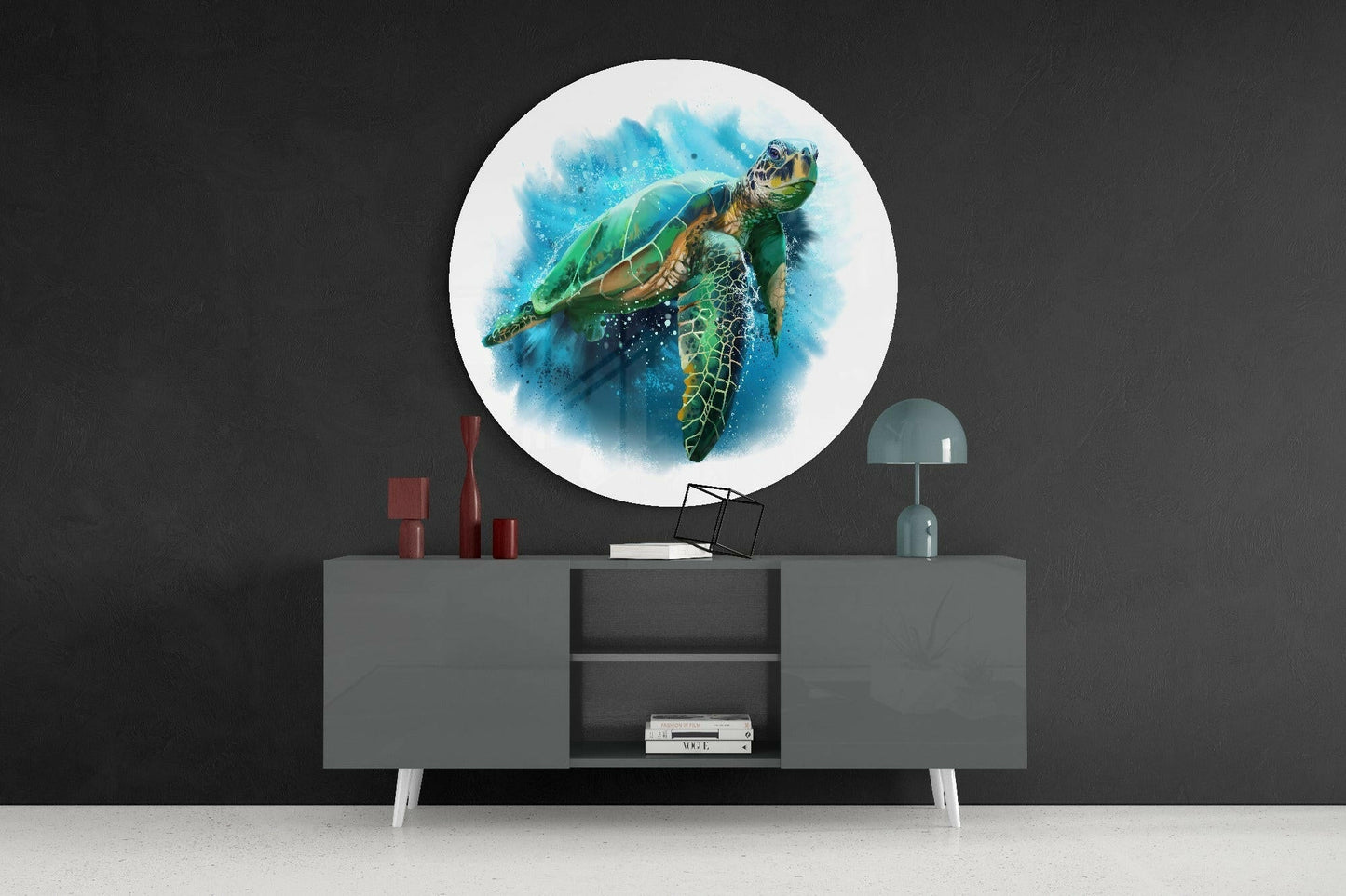 Round Blue Ink Sea Turtle Glass Wall Art