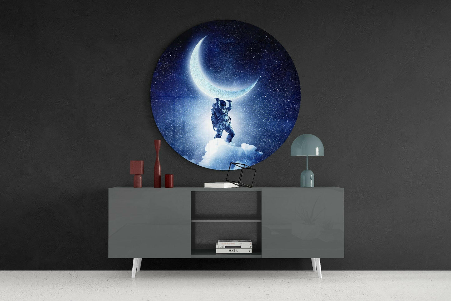 Round Crescent Moon Astronaut Glass Wall Art