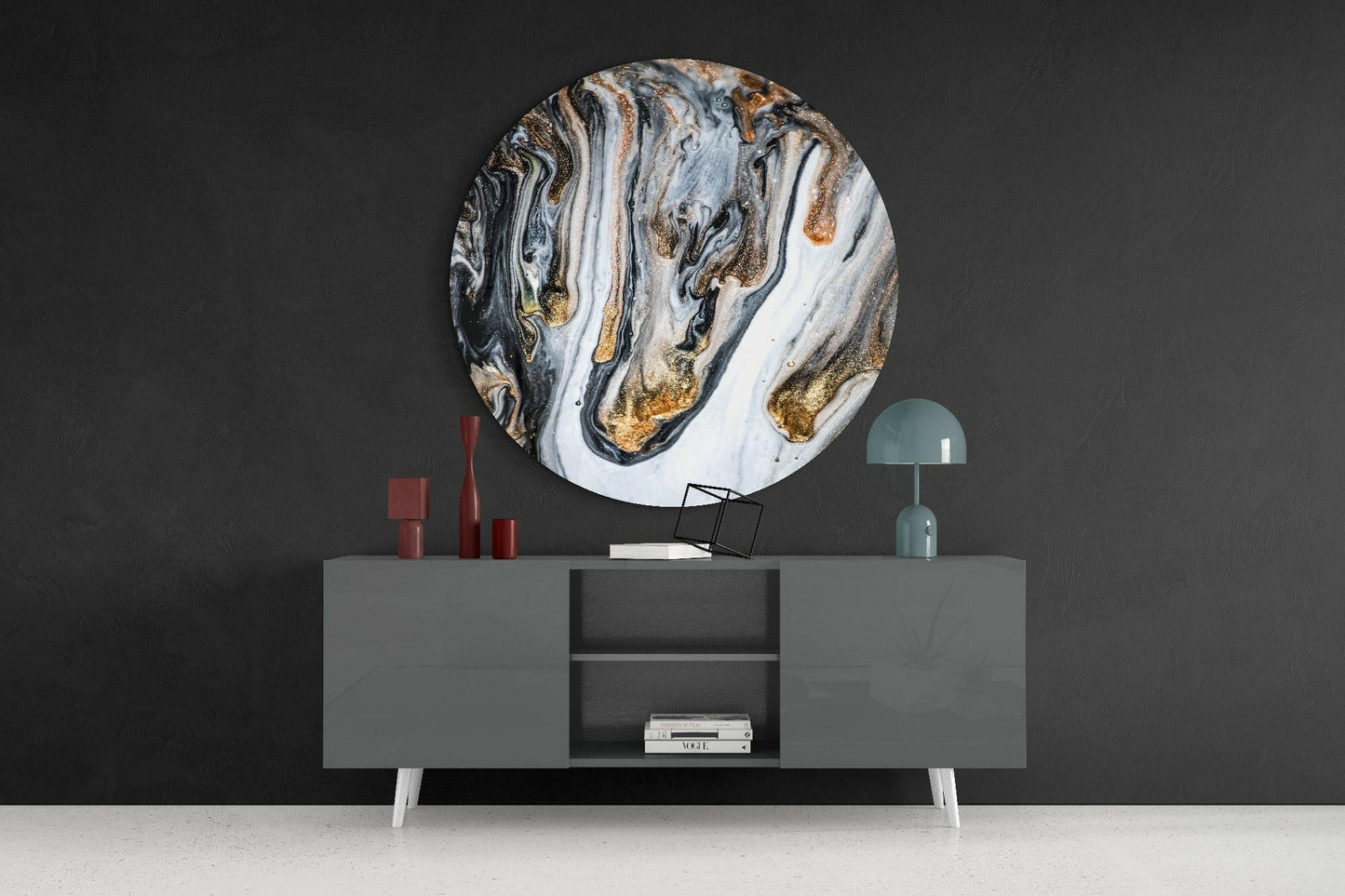 Round Gold Drip Black Marble Glass Wall Art