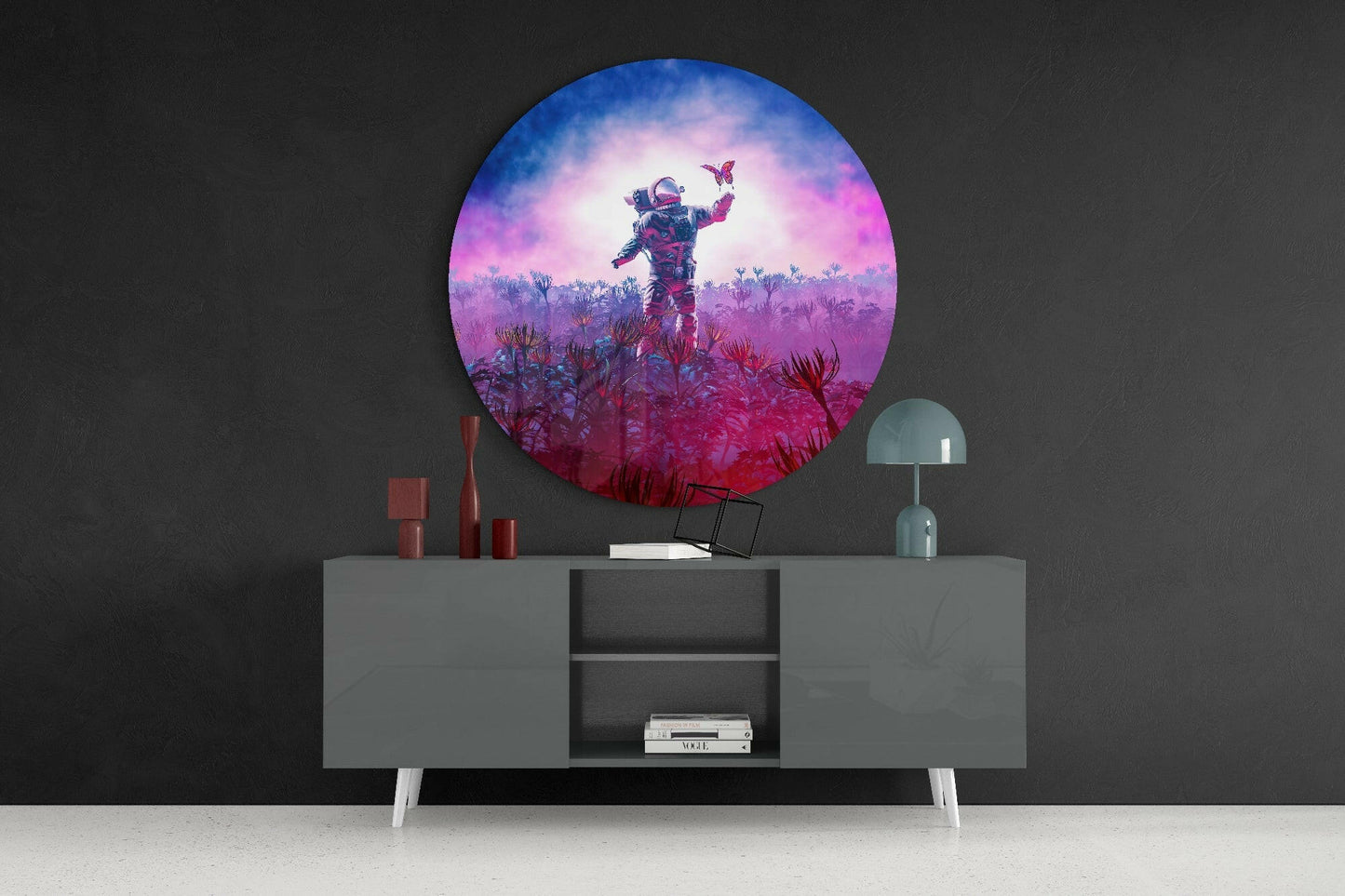 Round Magenta Bloom Field Astronaut Glass Wall Art