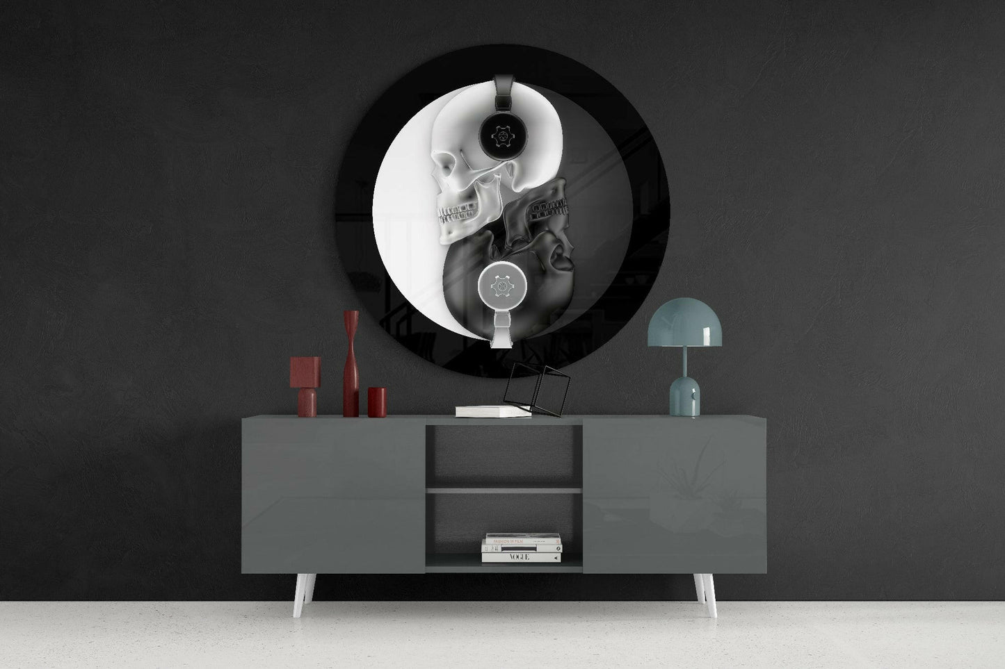 Round Monochrome Skull Headphones Glass Wall Art