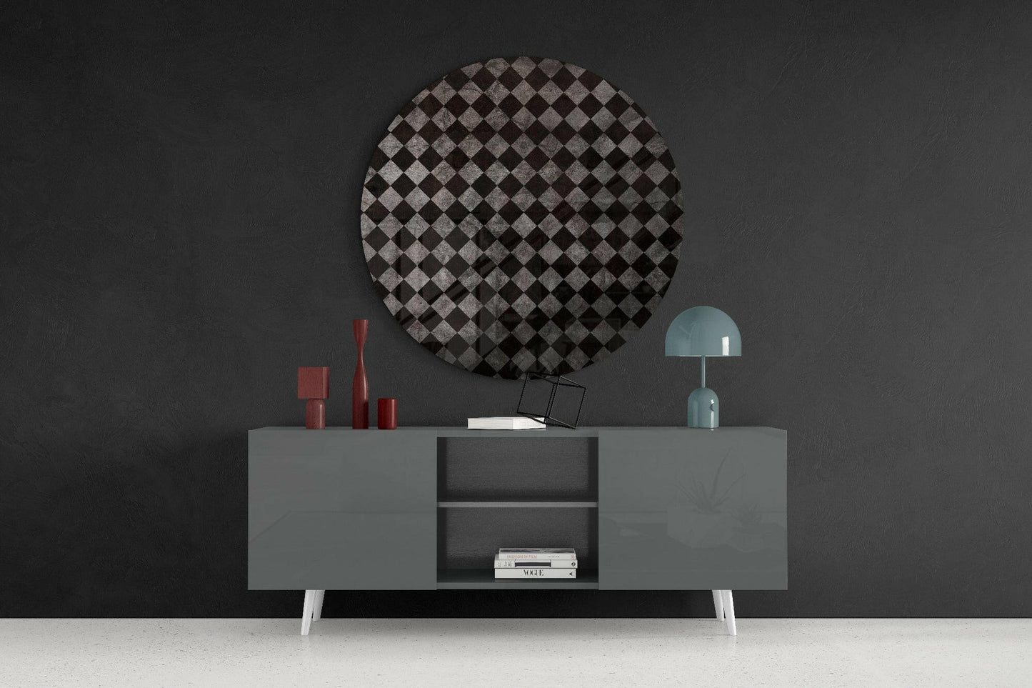 Charcoal Gray Distressed Checker Glass Wall Art