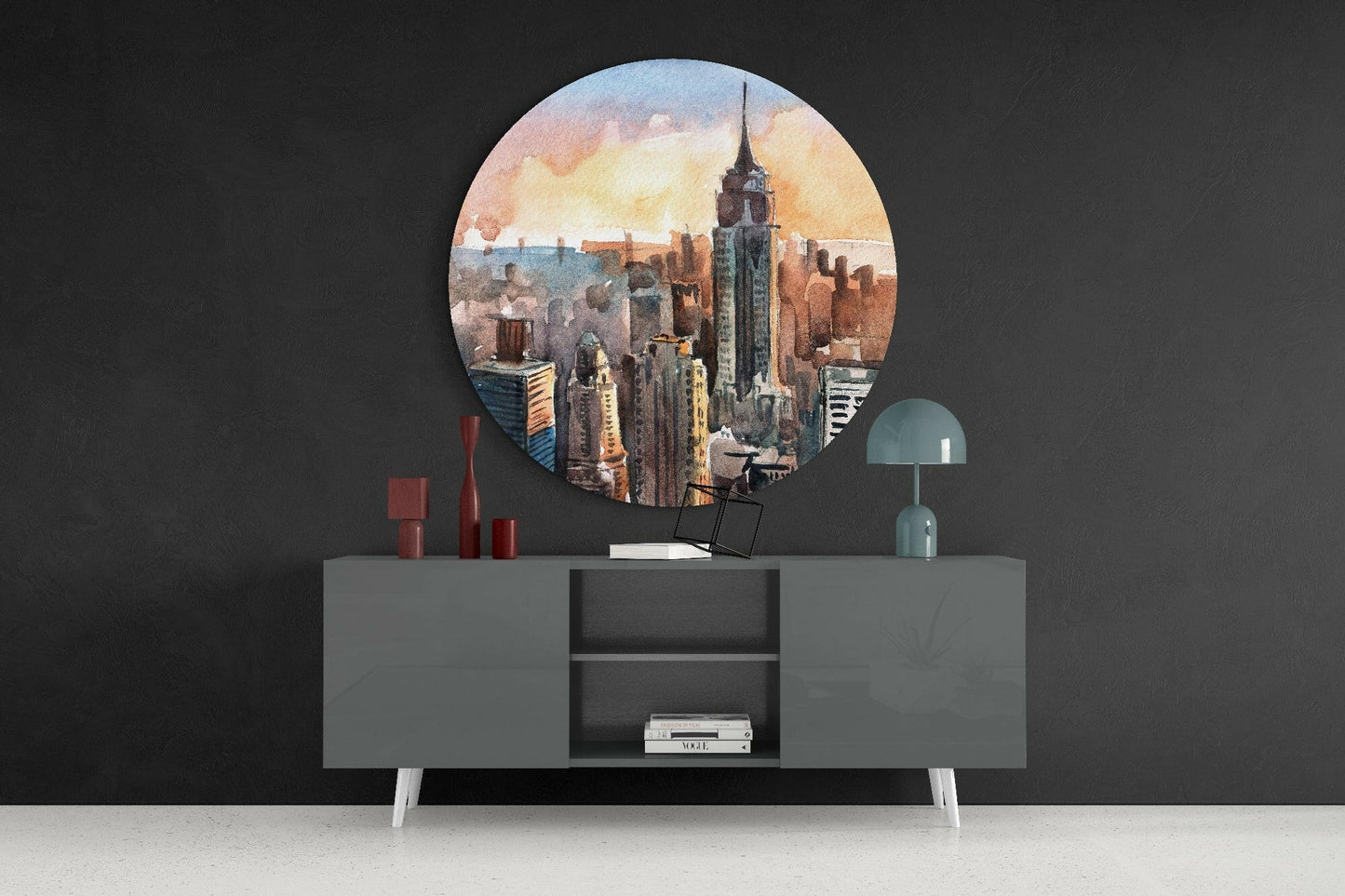 Round Watercolor Sunset Skyline New York Glass Wall Art