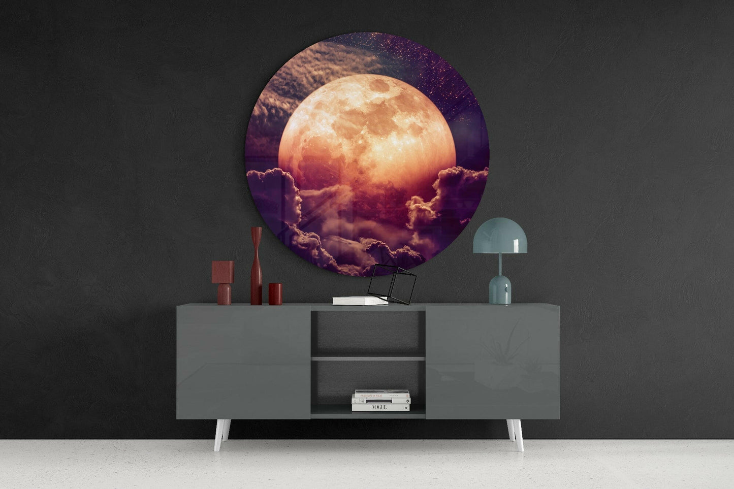 Round Glowing Moon In Purple Sky Glass Wall Art
