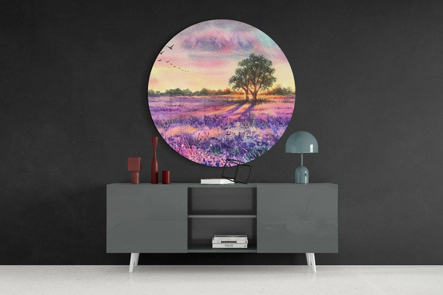 Watercolor Lavender Meadow Flying Birds Glass Wall Art