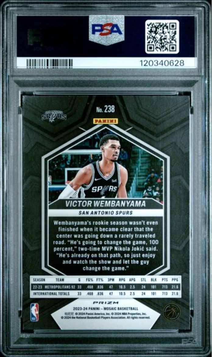 Graded 2023 Panini Mosaic Victor Wembanyama #238 Reactive Blue Rookie RC Basketball Card PSA 10 Gem Mint