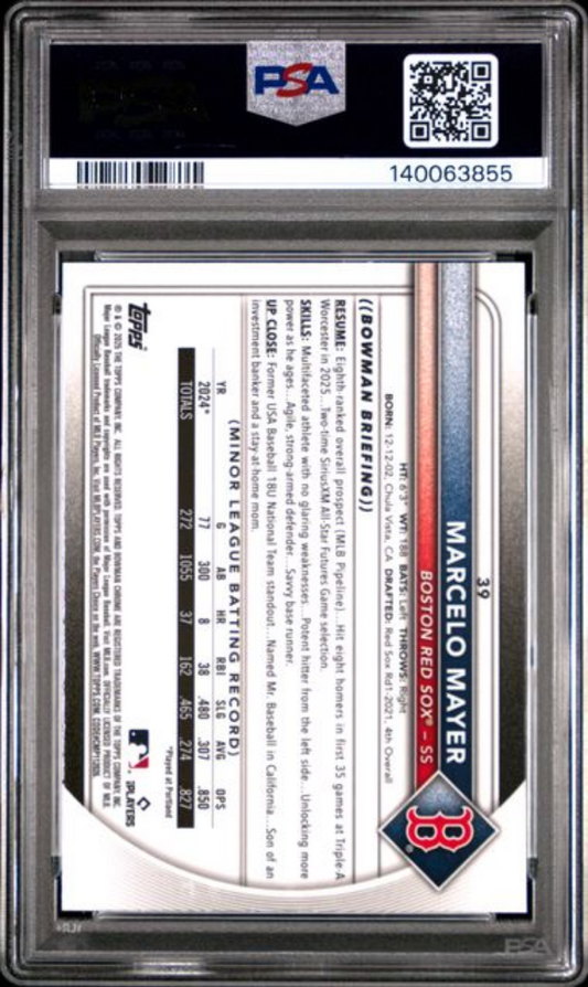 Back of PSA-graded Marcelo Mayer baseball card in clear plastic case showing statistics and biographical text on white background with red Sox logo.