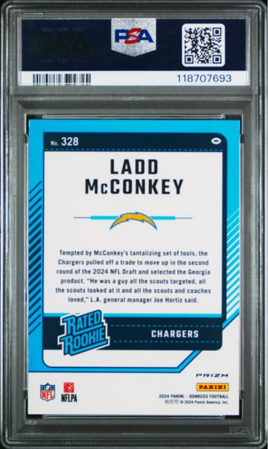 Front of graded 2024 Panini Donruss Ladd McConkey rookie card in protective PSA case with blue design and Chargers logo.