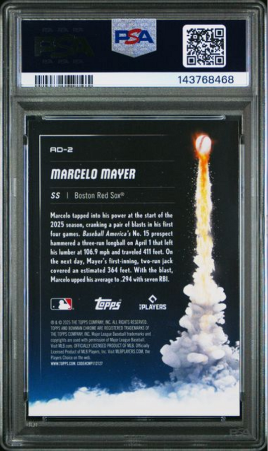 Reverse side of graded baseball card showing Marcelo Mayer text, rocket launch photograph, and PSA certification number in protective case.