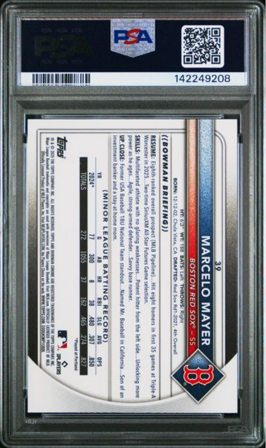 Back of graded 2025 Topps Bowman Chrome Marcelo Mayer baseball card showing statistics text, PSA certification number, and QR code in protective case.
