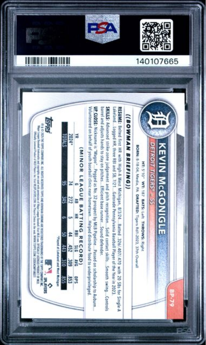 Graded 2025 Topps Bowman Kevin McGonigle #BP79 Paper Prospects Rookie RC Baseball Card PSA 9 Mint