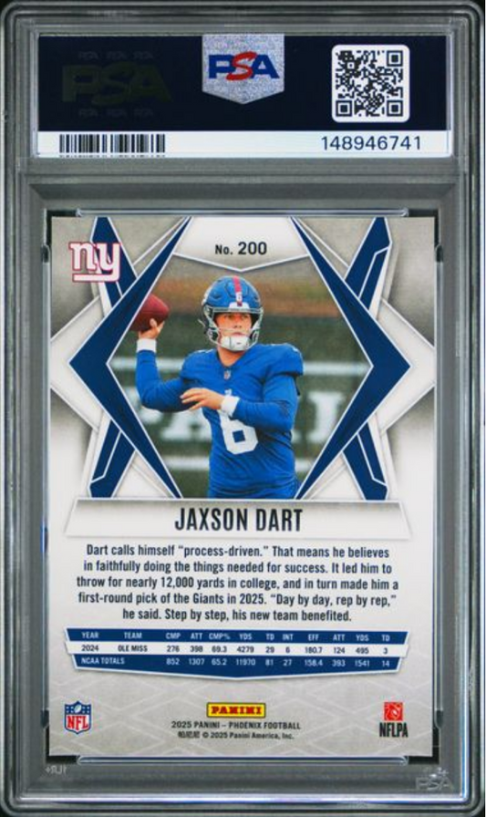 Front of graded PSA 10 Jaxson Dart rookie football card in clear slab showing player in New York Giants blue uniform throwing football.