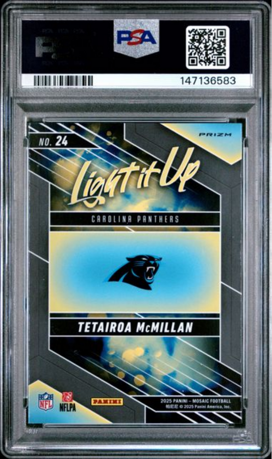 PSA-graded football card in clear plastic holder showing front with Carolina Panthers logo, player name Tetairoa McMillan, and gold "Light It Up" text on blue background.