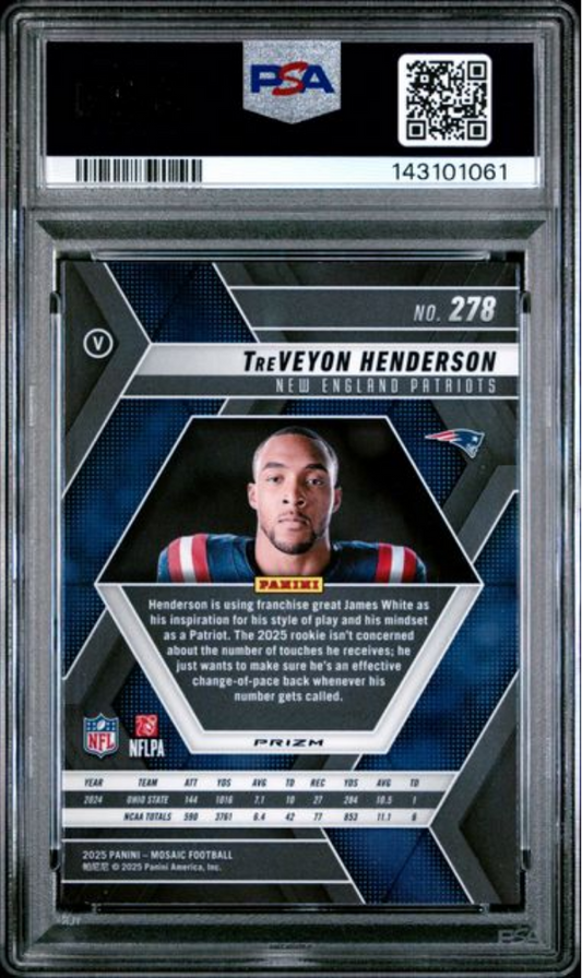 PSA-graded 2025 Panini Mosaic football card displaying TreVeyon Henderson rookie card front with player photo, blue geometric design, and statistics visible.