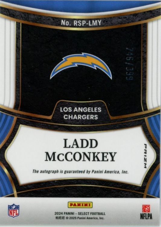Front of 2024 Panini Select football card featuring Los Angeles Chargers logo, Ladd McConkey autograph, and silver prizm finish.