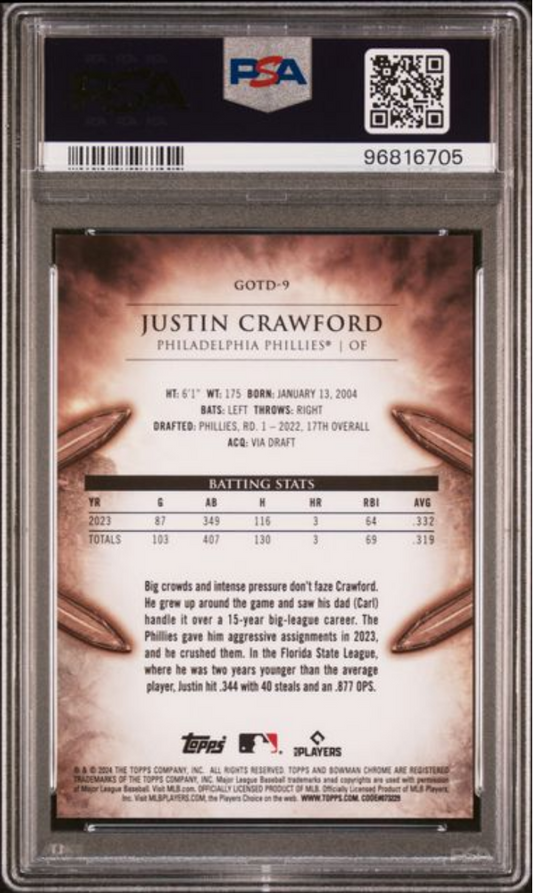 PSA-graded baseball card back showing Justin Crawford's stats, biography text, and muscular arm imagery against tan background.