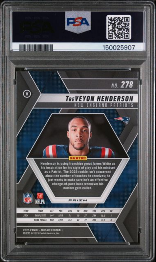 PSA-graded 2025 Panini Mosaic football card featuring TreVeyon Henderson rookie with blue and white geometric design and player photo visible through clear slab.