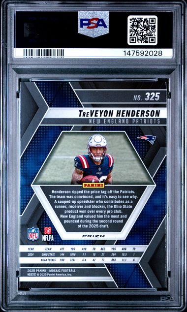 Back of graded PSA 10 football card showing TreVeyon Henderson stats, biography text, and blue Panini Mosaic design with protective case visible.