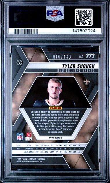 Back of graded 2025 Panini Mosaic Tyler Shough rookie card #273, showing player stats, biography text, and PSA 10 certification label on black holder.