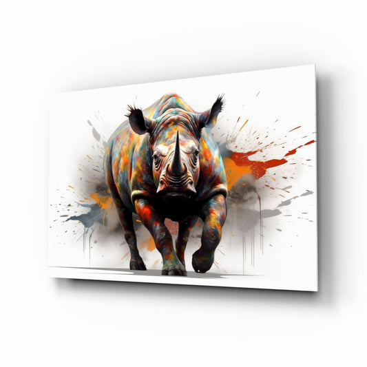 Colorful rhino with orange, blue, and red paint splatters on white glass panel, front-facing view with shadow effect.