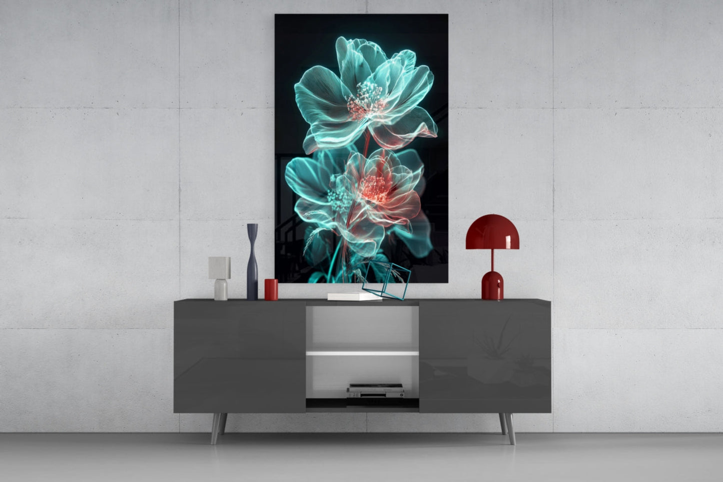 Modern living room display featuring glowing turquoise and coral neon flowers on dark background, mounted above gray media console.