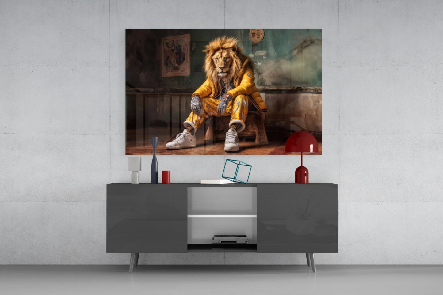 Modern living room setup with gray media console displaying mounted glass wall art of anthropomorphic lion in yellow jacket.