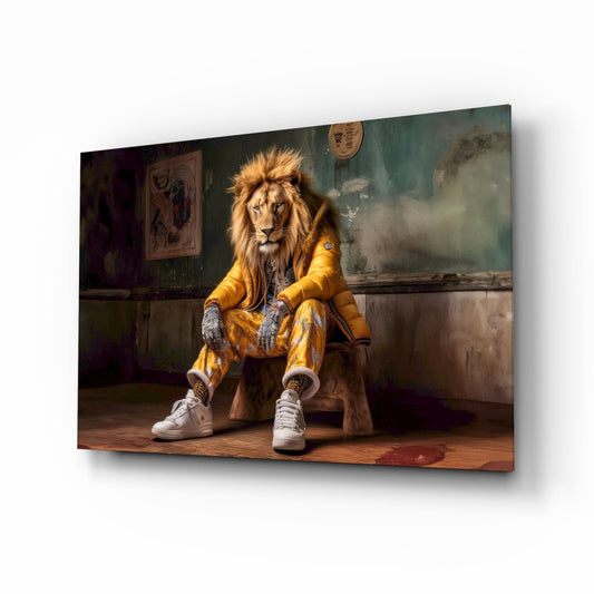A lion wearing a yellow jacket and white sneakers sits on a wooden stool in a dilapidated room with green walls.