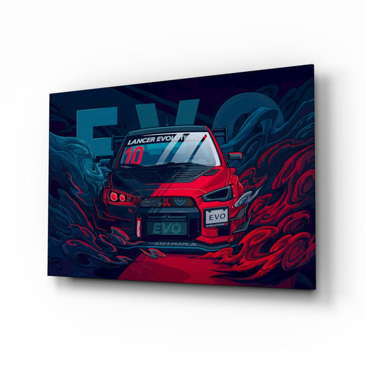 Red Mitsubishi Lancer Evolution with number 10 displayed on windshield, set against dark blue and red swirling background on glass wall art panel.