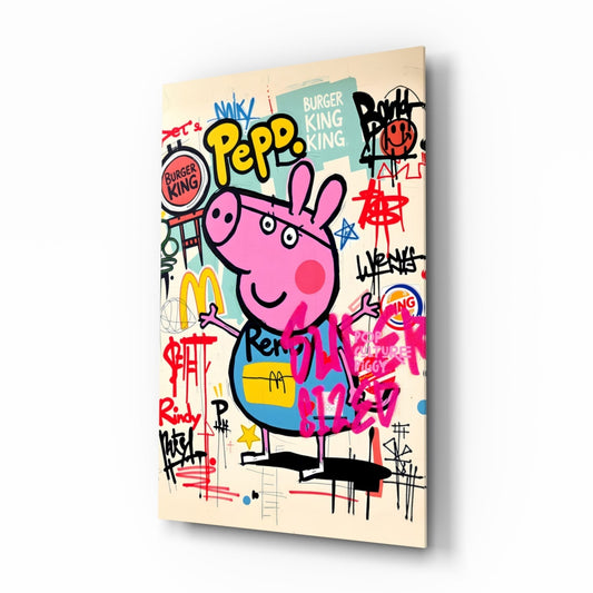 Angled view of glass wall art featuring pink cartoon pig character surrounded by colorful fast-food brand logos and graffiti-style text on cream background.