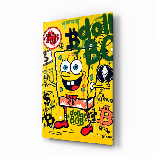 Yellow glass wall art panel featuring SpongeBob SquarePants character surrounded by cryptocurrency symbols and dollar signs on bright yellow background.