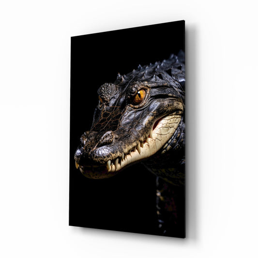 Crocodile head in profile with golden eye and open mouth against black background on glass wall art panel.