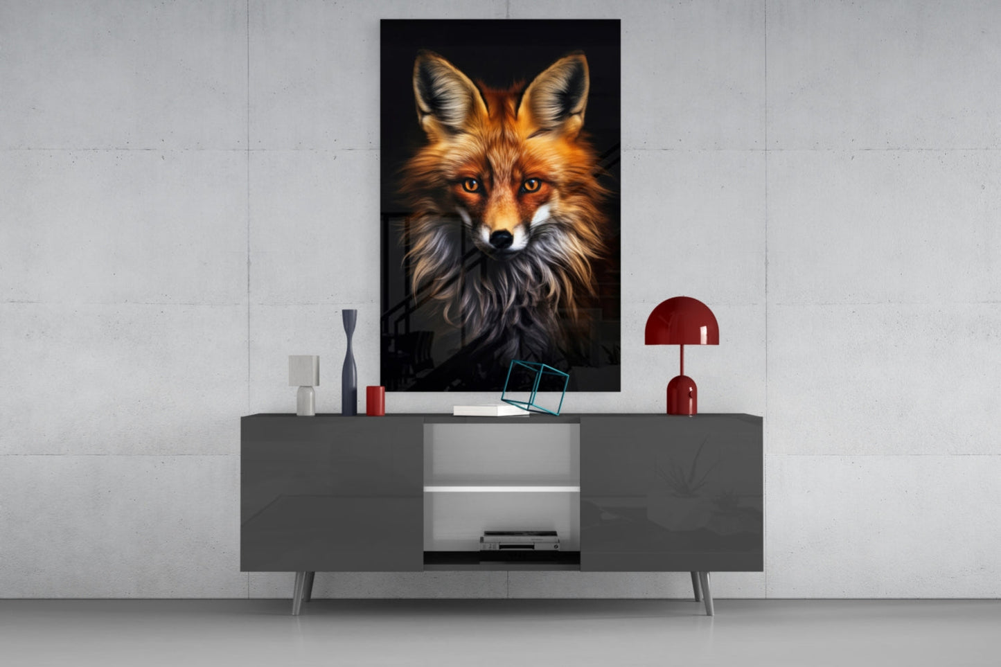 Framed fox portrait with amber eyes displayed above a gray media console, styled with decorative accessories.