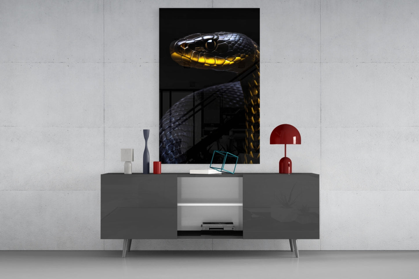 Black and yellow snake head glass art displayed above gray media console in modern interior styling.