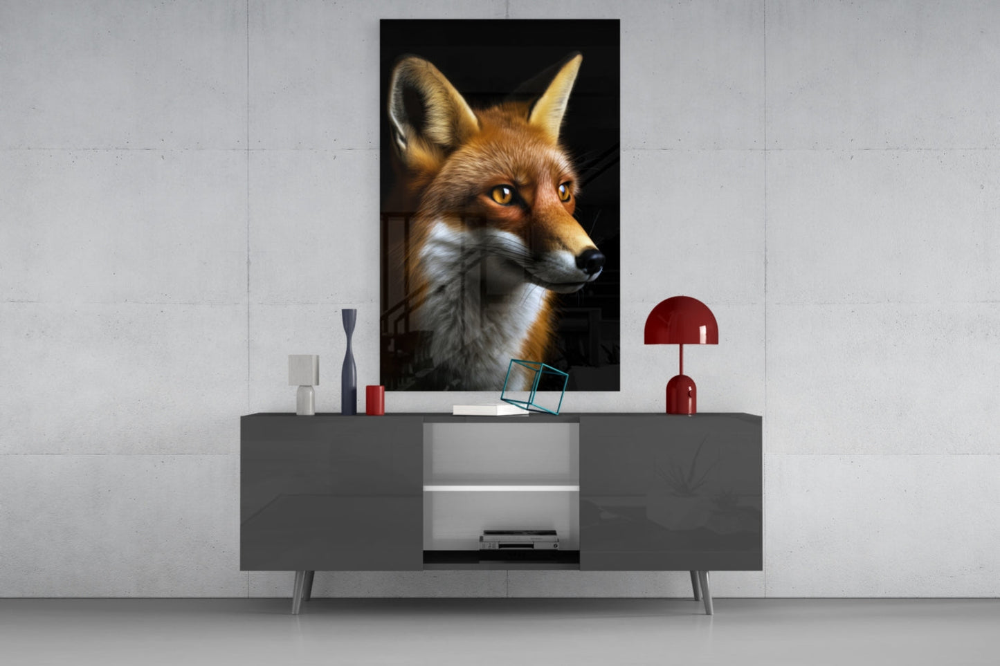 Portrait of a fox with golden eyes and white chest markings displayed on black background as wall art above gray media console.