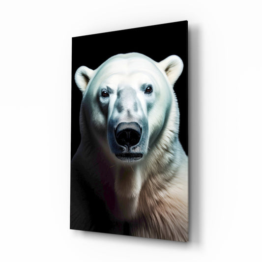White polar bear's head facing forward on black background, displayed as a framed glass wall art panel with shadow depth effect.