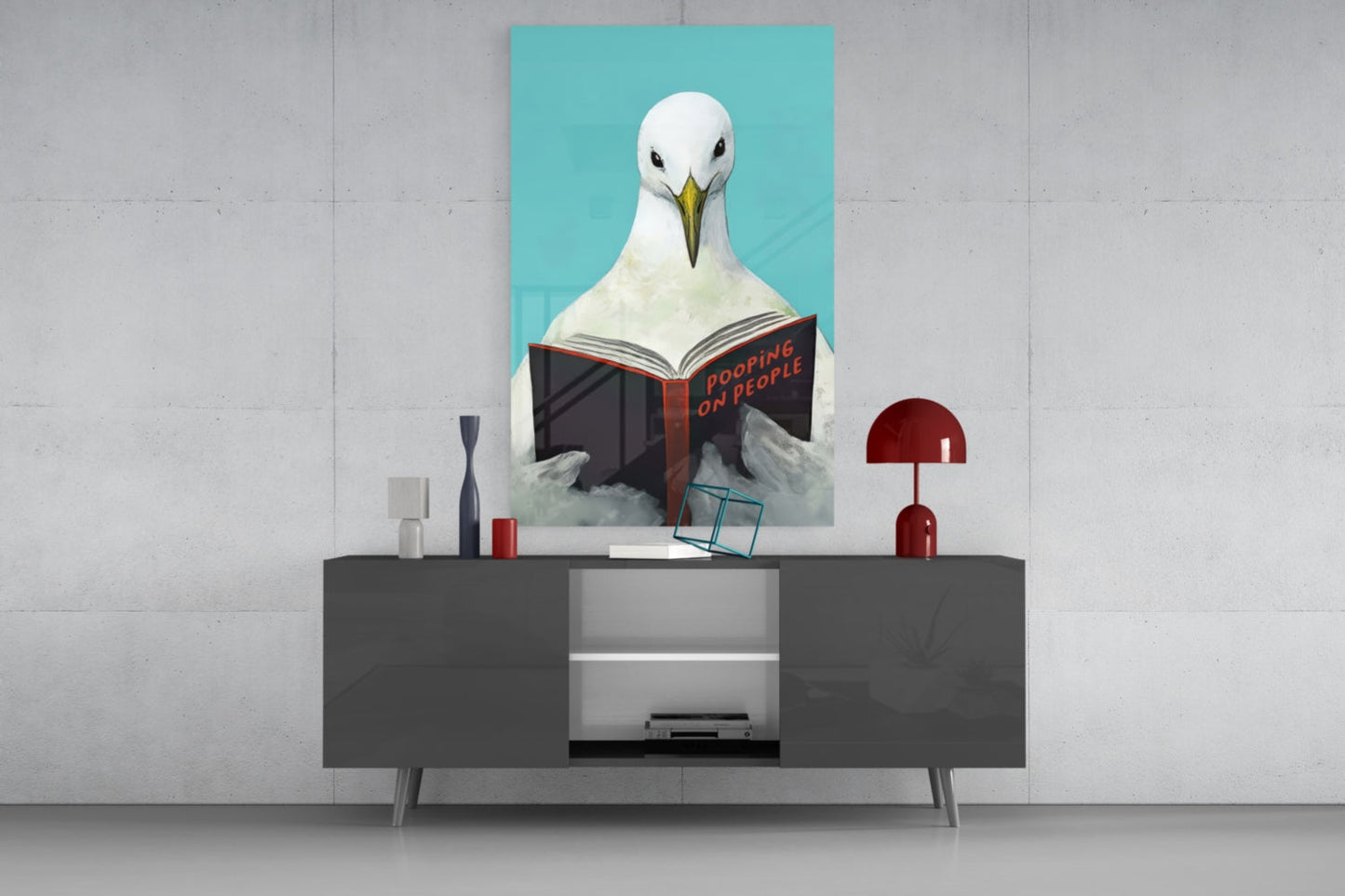 Turquoise Backdrop Seagull Reading Book Glass Wall Art