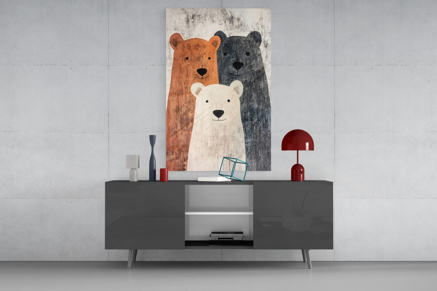 Bear Family glass wall art hanging above a dark gray console table with decorative accessories and media storage.