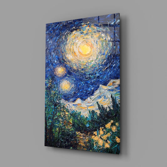 Glass wall art panel mounted at an angle displaying Van Gogh's Starry Night painting with swirling blue sky, yellow moon, and green cypress trees.