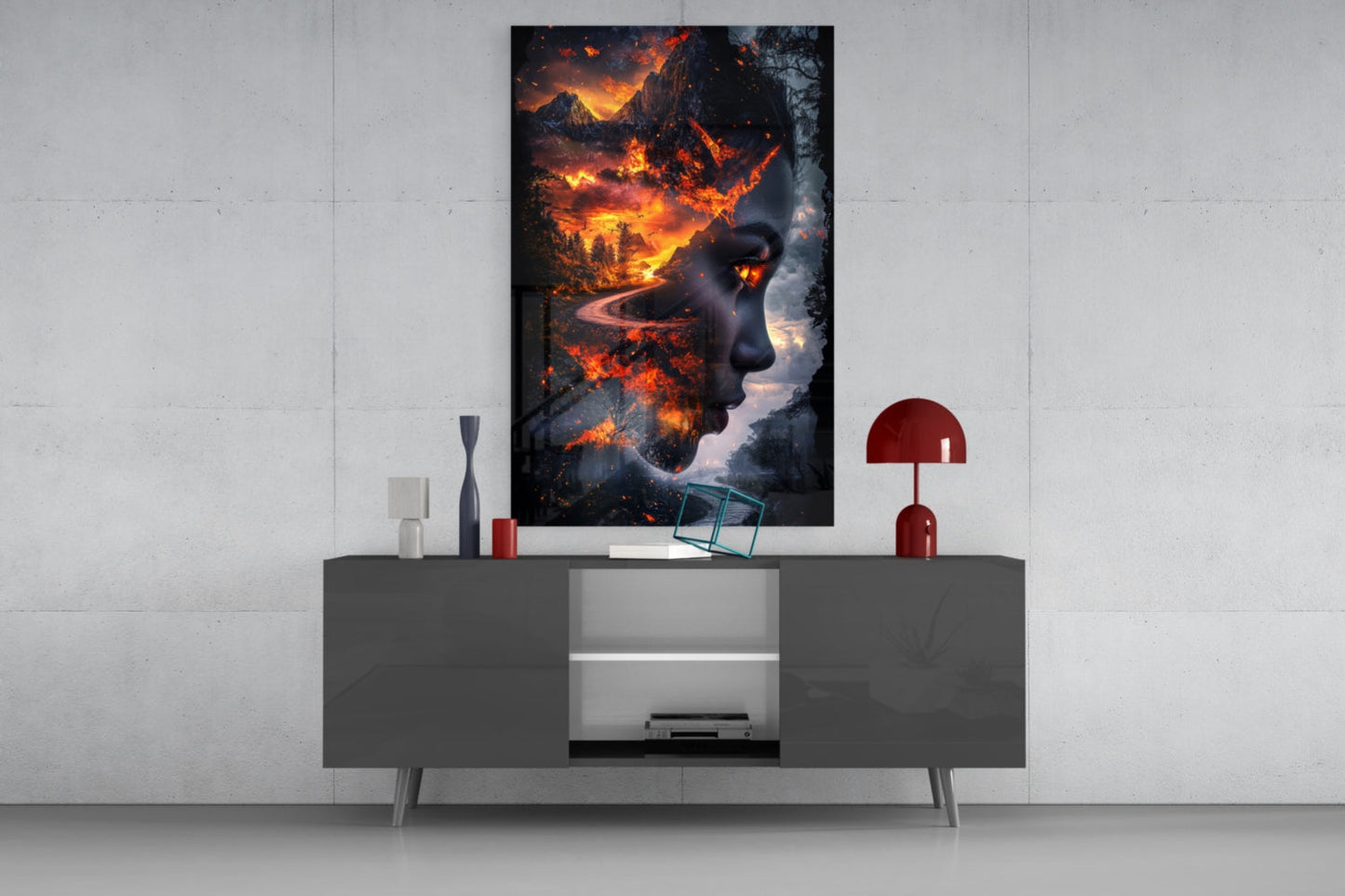 Fiery Valley Double Exposure Face Glass Wall Art