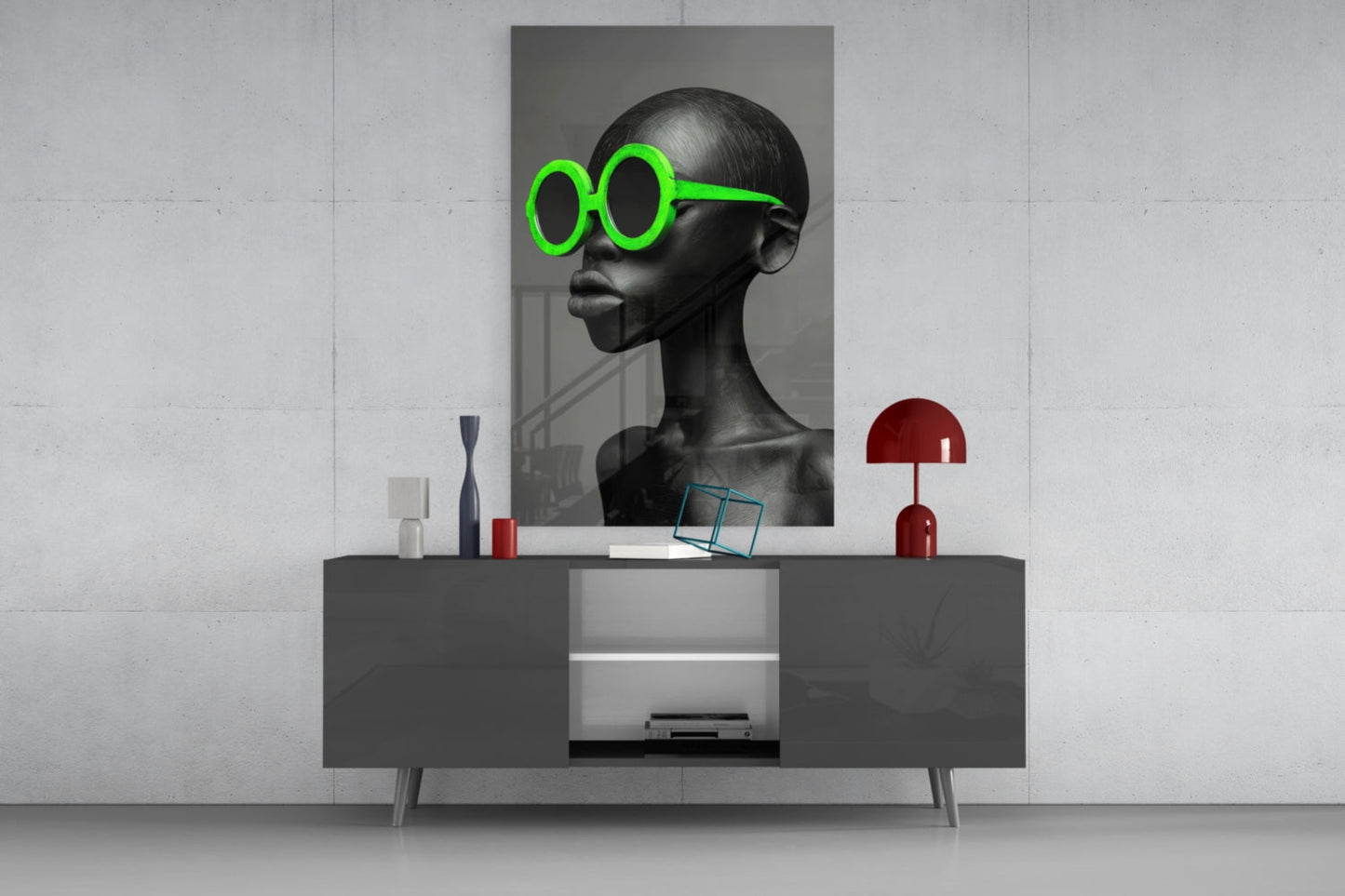 Neon Green Round Sunglasses Gray Portrait Glass Wall Art