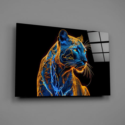 Neon jaguar glass wall art displayed at an angle showing blue and gold electric outlined big cat against black background on dark glass panel.