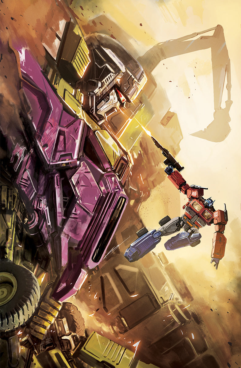 Diagonal painted cover art: purple vehicle-robot at left, dark robot head above, red-and-blue robot aiming a gun at right.