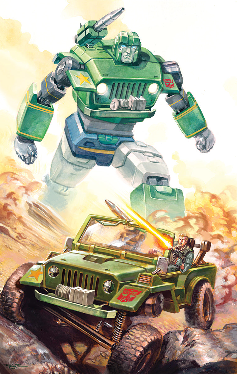 A green robot with a shoulder missile launcher looms over a green jeep firing a rocket through a dusty desert.