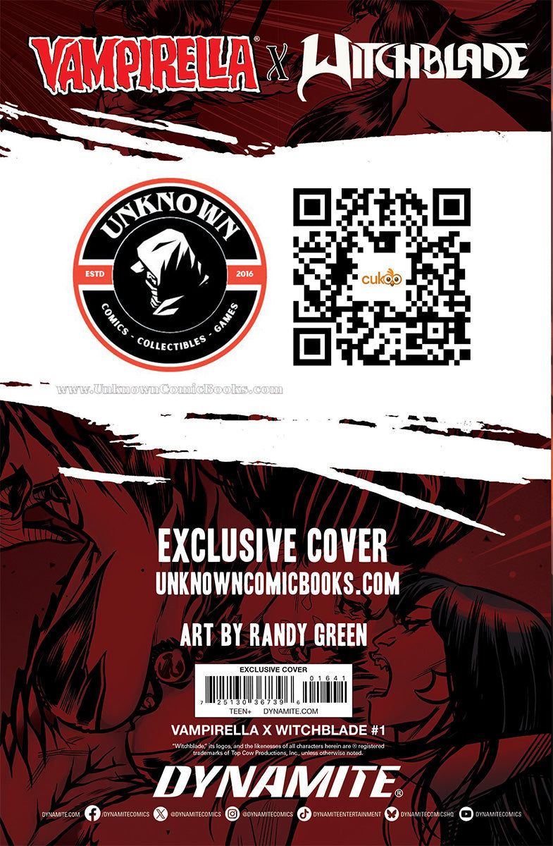 Back cover with red and black artwork, an Unknown Comics logo, a QR code, and printed "Exclusive Cover" text.