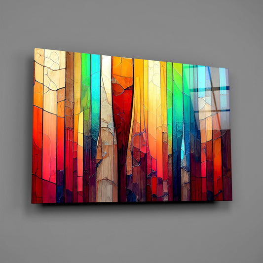 Angled front view of colorful cracked glass mosaic wall art with vertical strips transitioning from warm reds and oranges below to cool blues and greens above.