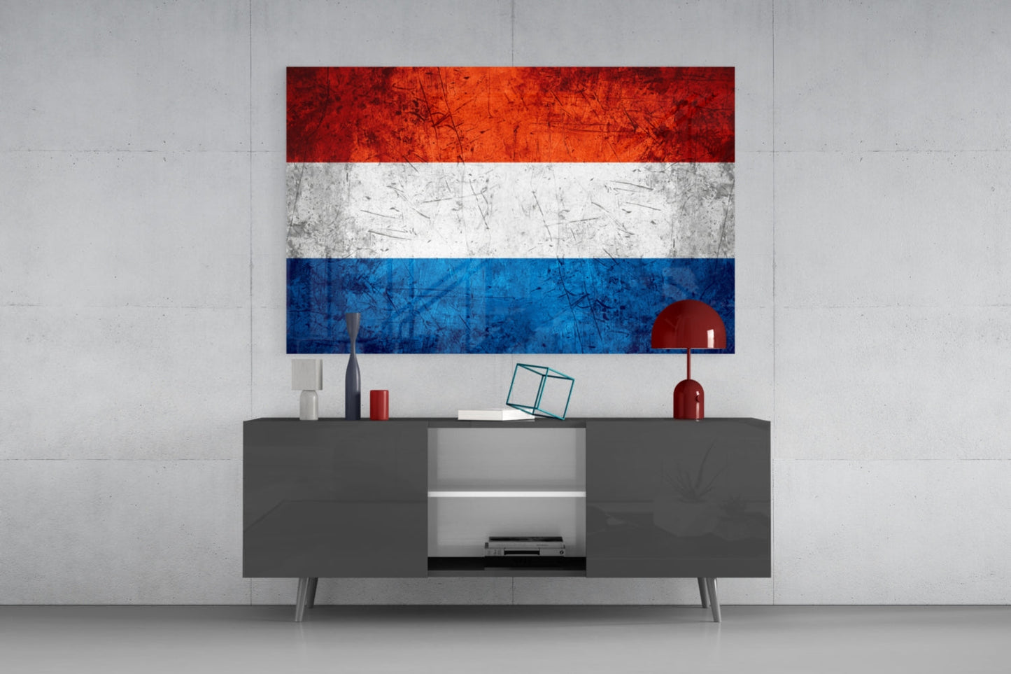Dutch flag glass wall art with red, white, and blue horizontal stripes displayed above gray media console in modern interior.