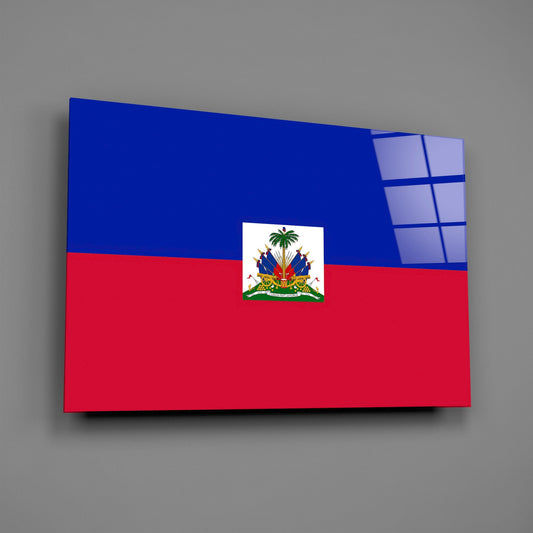 Haitian flag wall art displayed at an angle against gray background, showing blue and red horizontal stripes with central coat of arms and reflective glass panel on right edge.
