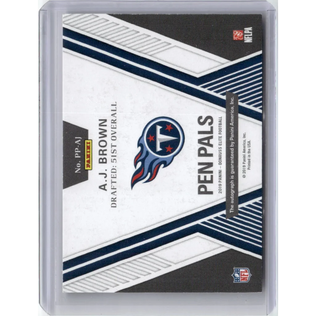 Back of A.J. Brown football trading card in Titans authentication case
