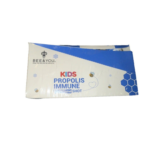 Bee & You Kids Propolis Immune Night Time Shot box displayed at an angle against white background, showing blue and cream packaging with bee illustrations.